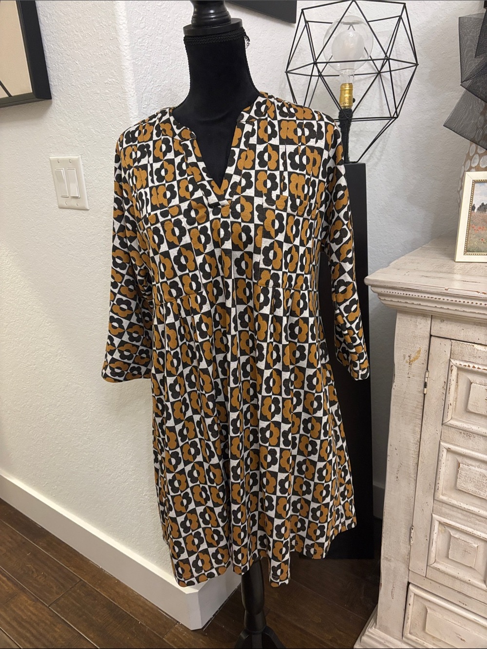 Uncle Frank Mustard Black White Geometric Floral V-Neck Tunic